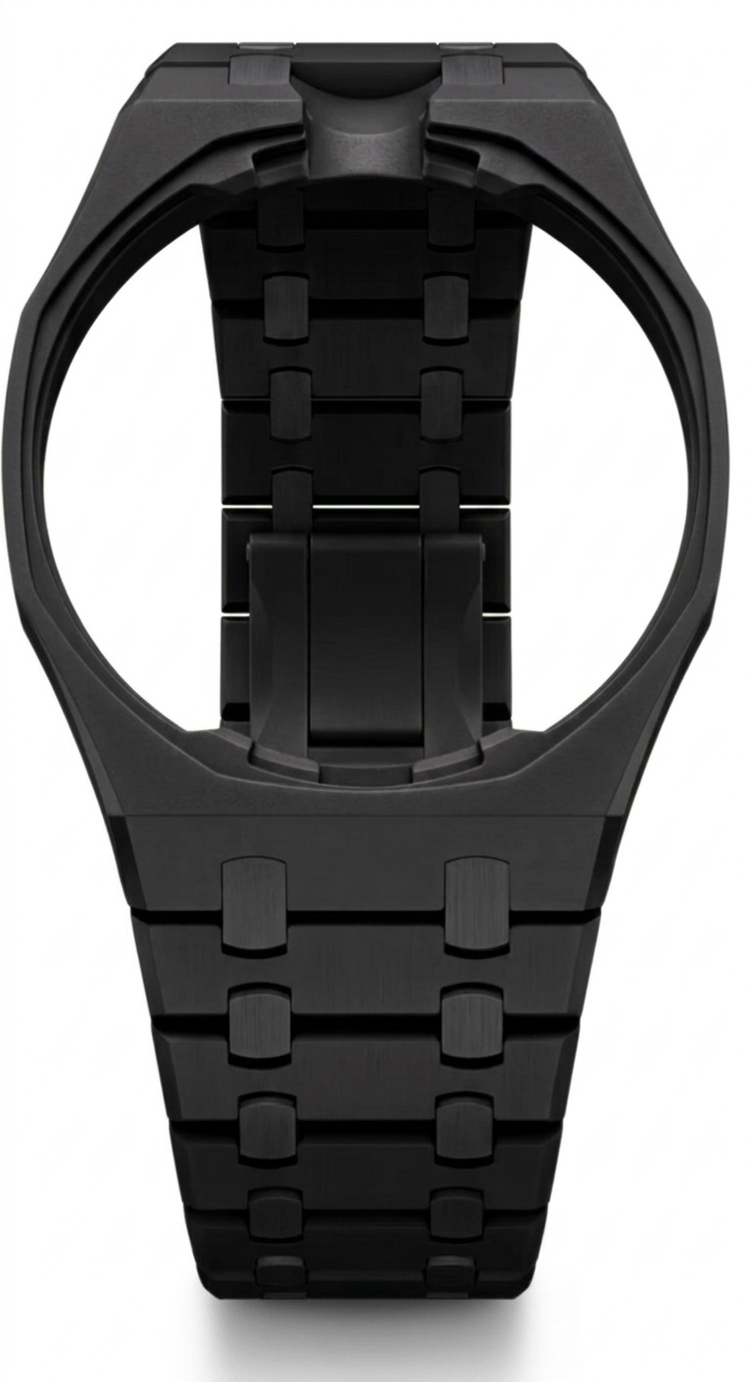 Close-up of Black Ocho metal link bracelet for AP x Swatch Royal Pop – side profile view