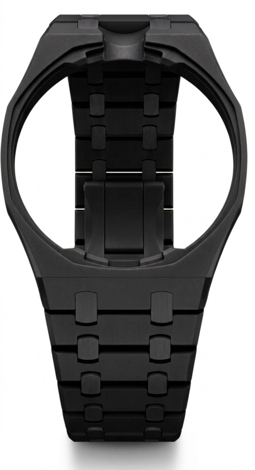 Close-up of Black Ocho metal link bracelet for AP x Swatch Royal Pop – side profile view