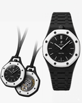 Black Ocho Bracelet for AP x Swatch Royal Pop – black wristband styled alongside matching watch, front view