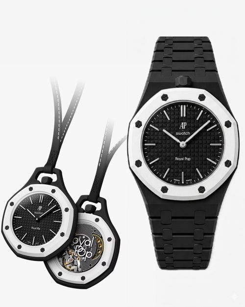 Black Ocho Bracelet for AP x Swatch Royal Pop – black wristband styled alongside matching watch, front view